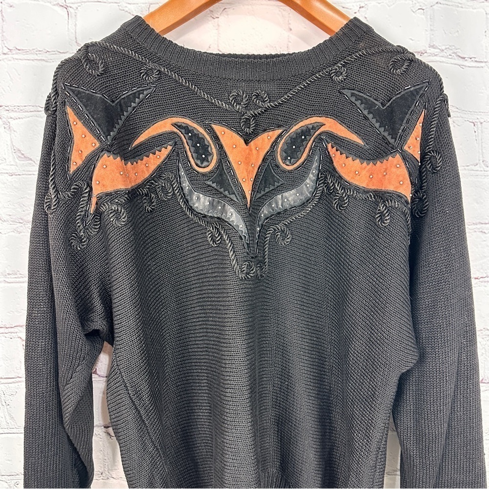 Vintage western 80’s sweater crewneck shoulder pads size L large black suede
